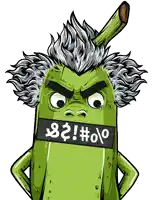 a cartoon illustration of a pickle with a beard and a sticker that says ? ! # 0
