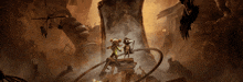 a couple of monsters standing next to each other in a smokey area