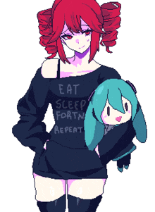 a pixel art of a girl wearing a shirt that says eat sleep forth repeat