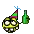a pixel art illustration of a party hat and a green bottle .
