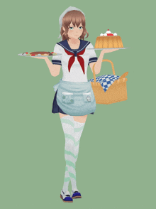 a girl in a sailor outfit is holding a picnic basket and two trays of food