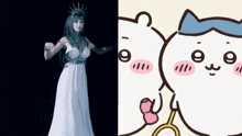 a woman in a white dress next to a drawing of a bear