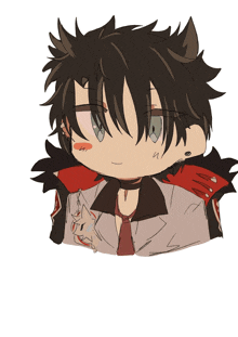 a drawing of a person with black hair and a red collar