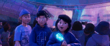 a group of cartoon characters are standing in a crowd of people .