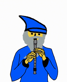 a cartoon of a man playing a flute with a blue hat