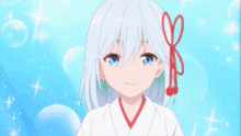 a girl in a white kimono is giving the peace sign