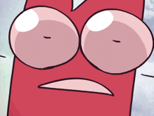 a cartoon drawing of a red block with big eyes and a sad face