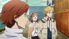 a group of anime characters are standing next to each other and one of them is wearing a white turtleneck