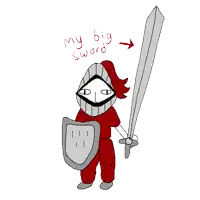 a cartoon of a knight holding a sword and shield with the words my big sword below him