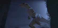 a t-rex is walking through a dark cave