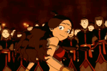 a cartoon girl in a red dress is dancing in front of a crowd