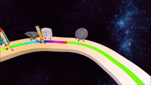 a computer generated image of a roller coaster with a ball on the track