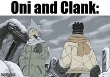 two men are standing next to each other in the snow .
