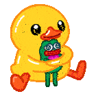 a cartoon duck is holding a green frog