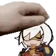 a cartoon character is eating a piece of bread and a hand is putting a piece of bread on her head .
