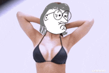 a woman in a bikini has a cartoon character on her face