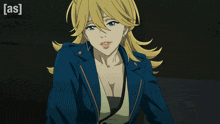 a woman in a blue jacket is standing in front of a black background with the letters [ as ] visible