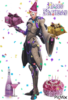 a happy birthday greeting card with a clown holding gifts
