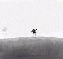a couple of cows standing on top of a hill in a field .