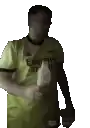 a man in a yellow shirt is holding a bottle of milk in his hand .