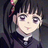 a close up of a person 's face with purple eyes and a ponytail .