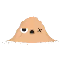 a cartoon drawing of a pile of dirt with eyes and a cross on it