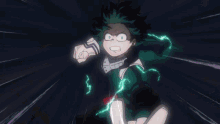 a cartoon character with green hair and glowing eyes is running