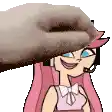 a cartoon girl wearing a pink dress and a hat is being touched by a dog .