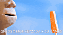 a person is licking an orange popsicle with the words gnfos x monkeyzada x cu games below