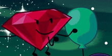 a cartoon illustration of a red diamond holding a microphone next to a green balloon .