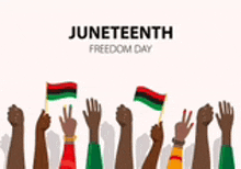 a group of people are raising their hands in the air while holding small flags .