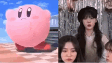 a group of girls standing next to each other next to a cartoon character .