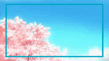 a tree with pink flowers against a blue sky with a blue frame