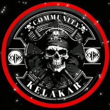 a black and white image of a pirate skull with a red circle around it that says community kelakar