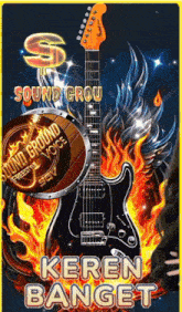 a poster for sound grou keren banget shows a guitar and flames