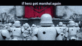 a group of stormtroopers are standing in front of a red curtain with the words if herz got marshal again