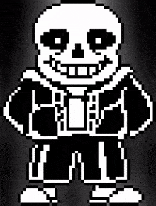 a black and white pixel art of a skeleton with the word " sans " on his chest