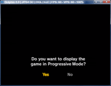 a computer screen displays a question about displaying a game in progressive mode