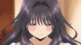 a close up of a girl with purple hair and blue eyes