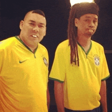 two men are standing next to each other wearing yellow shirts .