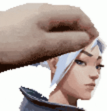 a pixel art of a hand putting a piece of paper on a person 's head .