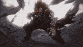 a man with red eyes is holding a sword in a dark room