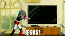 harley quinn is holding a sword in front of a broken television with the words jesus written on it