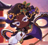 a cartoon drawing of a girl with purple hair and a flower in her hair