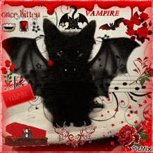 a picture of a black cat with bat wings and the words vampire on the top