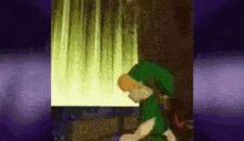a cartoon character in a green hat is sitting in front of a window .
