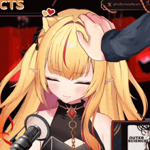 a person touching a girl 's head in front of a card that says " outer science "