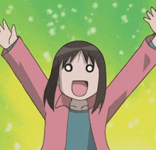 a girl in a pink jacket has her arms outstretched in the air