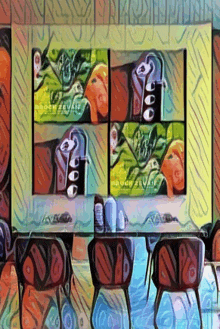 a painting of a table and chairs with the name brock zevan on the bottom right