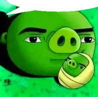 a green pig is holding a baby pig wrapped in a blanket .